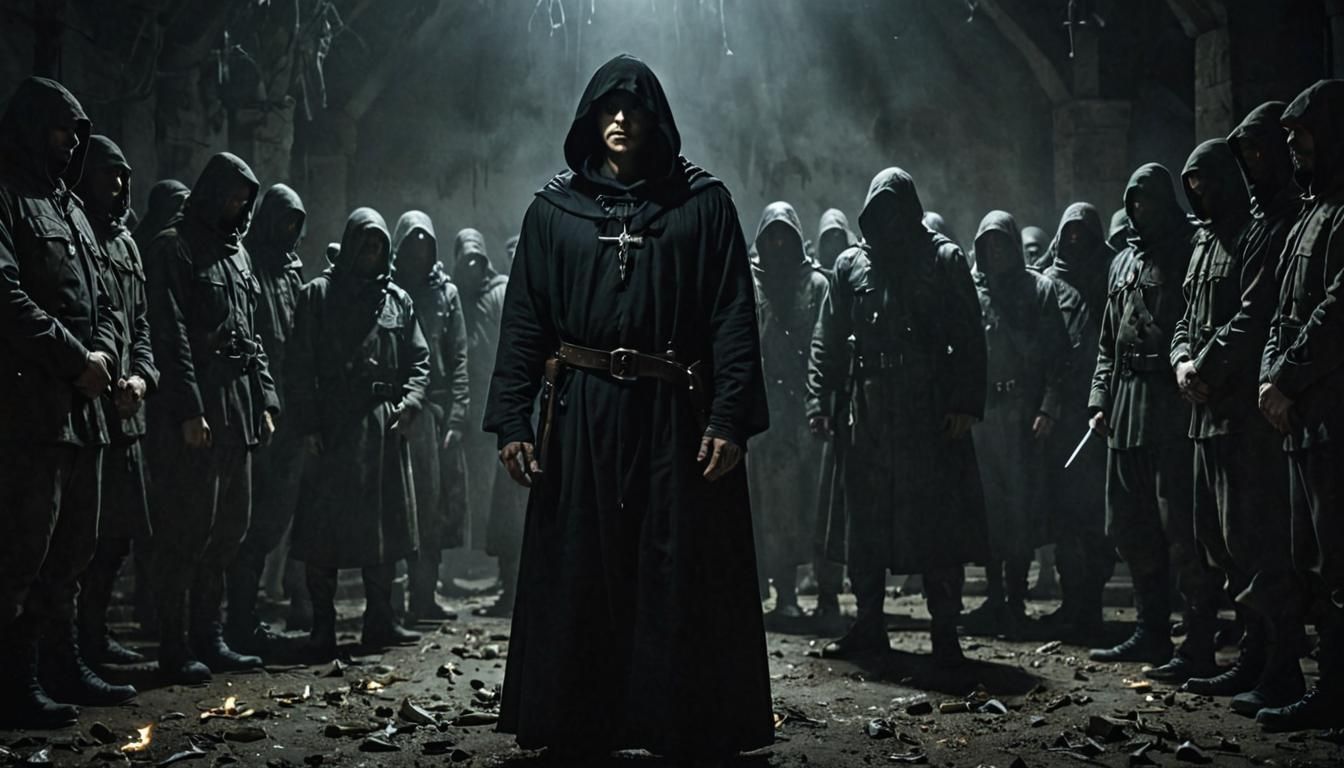 Dark Fantasy Masterpiece: Hooded Figure Amidst Chaos