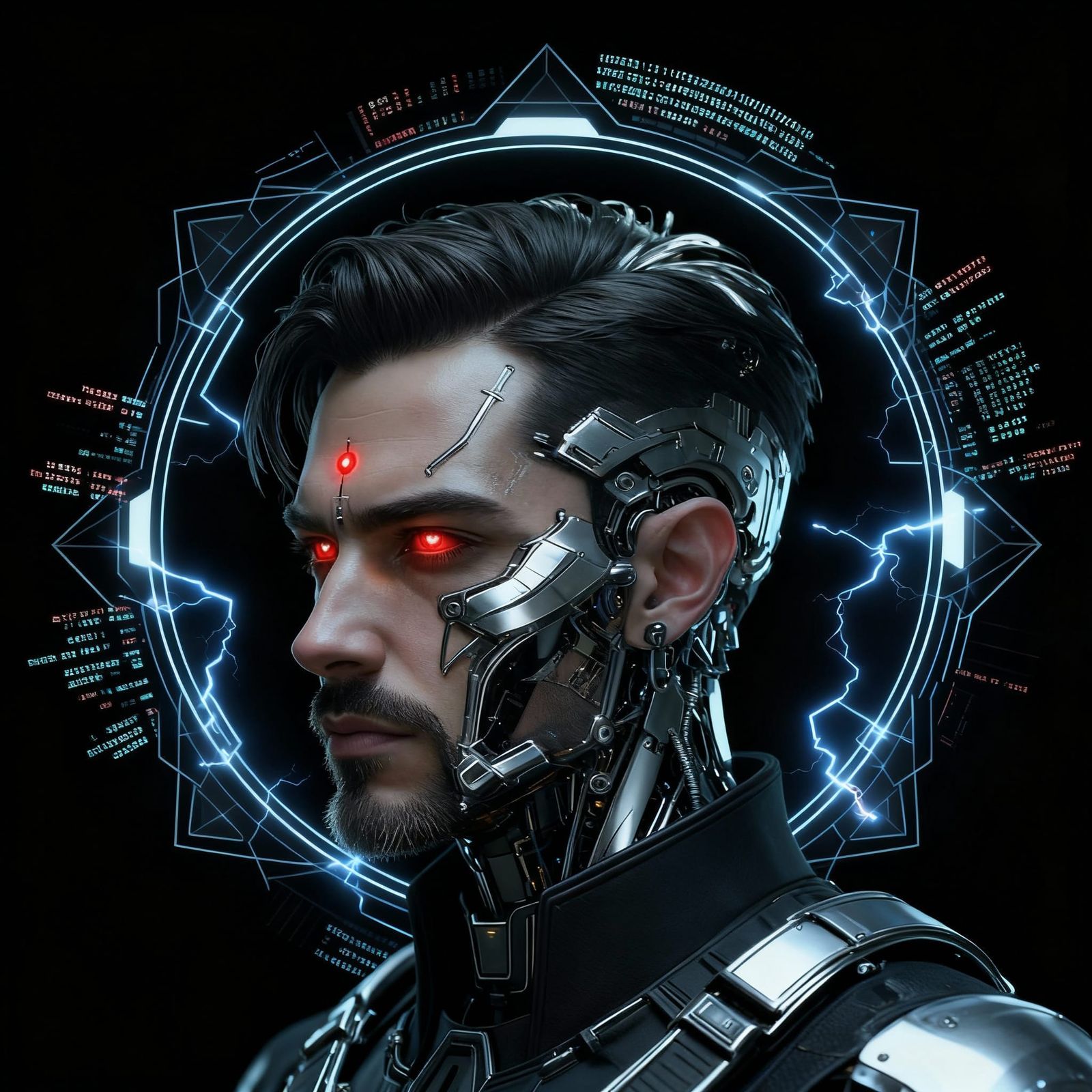 Tech Cyber-Priest Portrait with Red Glowing Eyes