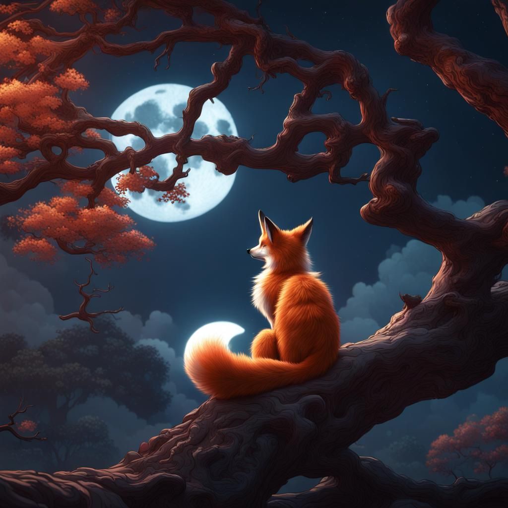 Mythical Fox Looks Up at a Vibrant Full Moon in a Splendid F...