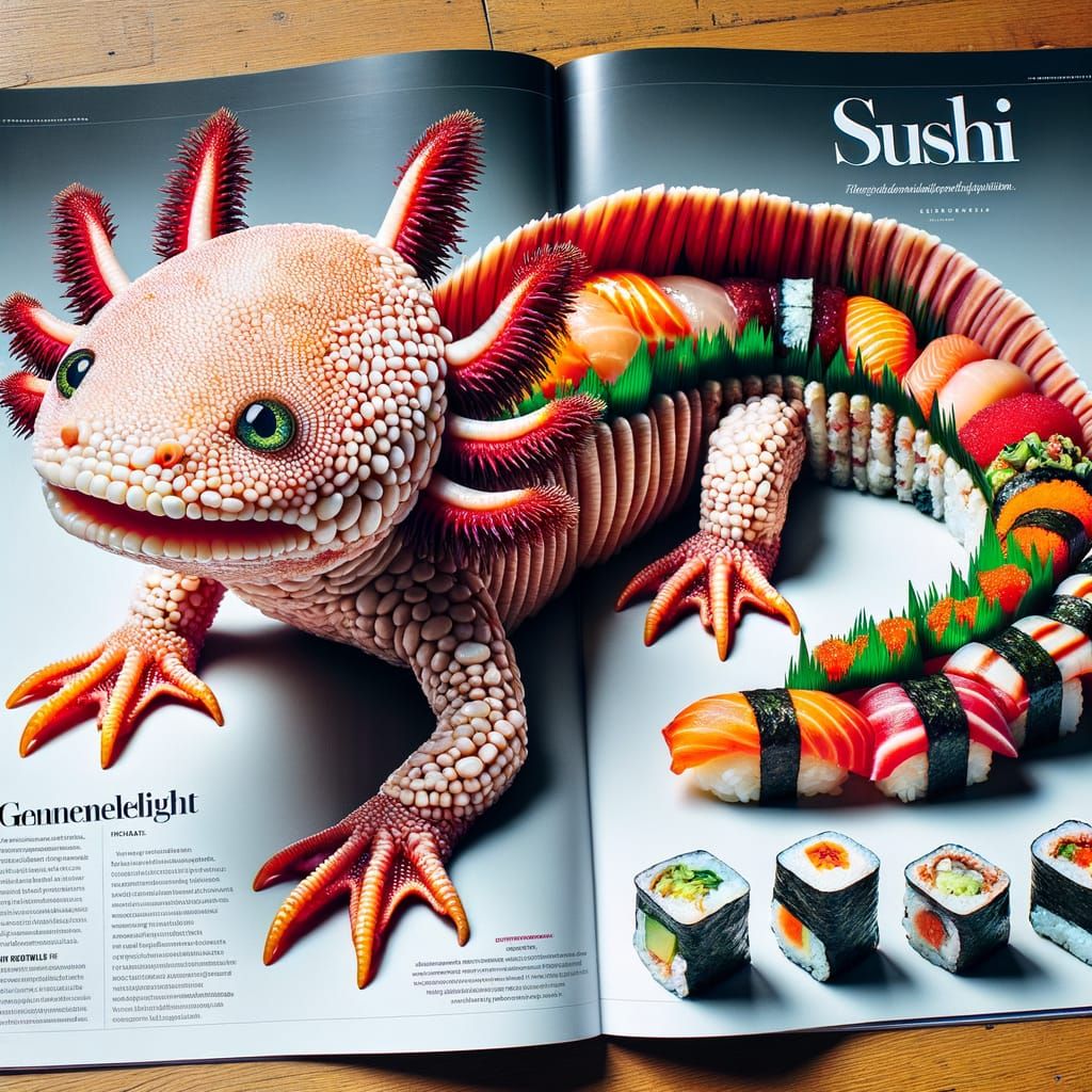 Hyperrealistic Sushi Axolotl Sculpture