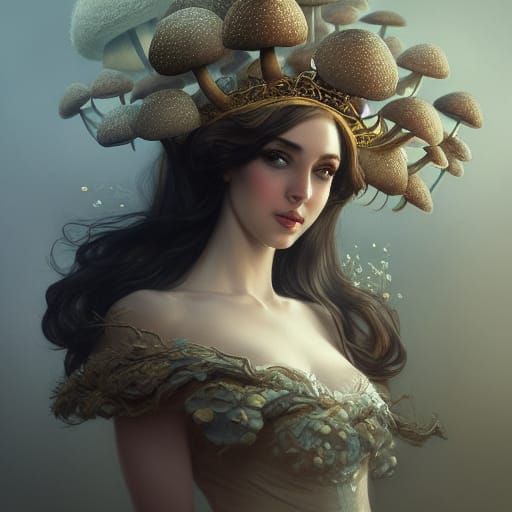 Surreal Portrait of a Mushroom Queen in Cyberpunk Style