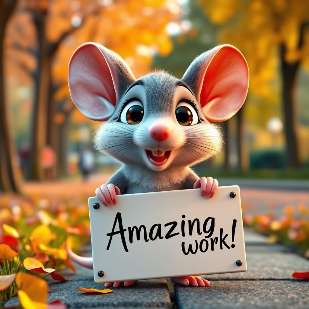 Pixar Style Mouse Offers "Amazing Work!" Sign