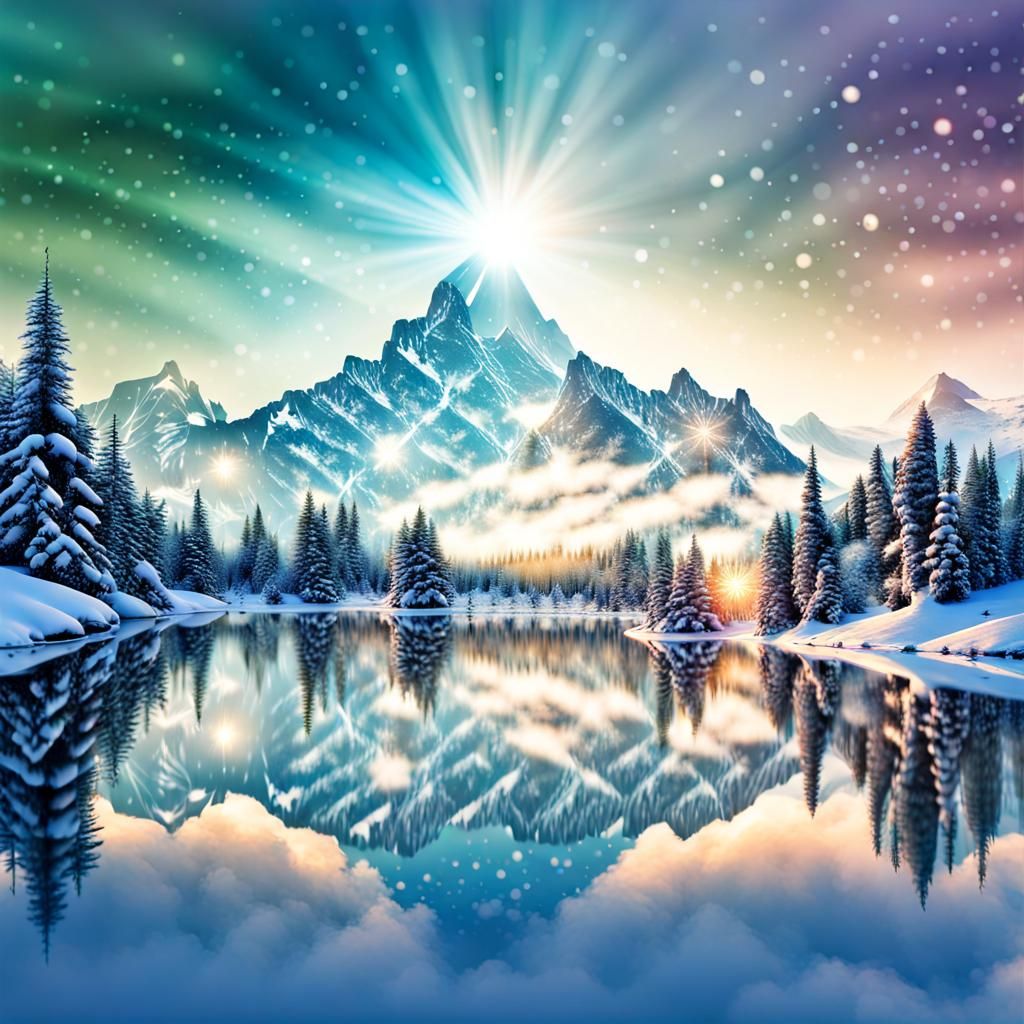 Christmas Mountain Scene in Vibrant Double Exposure