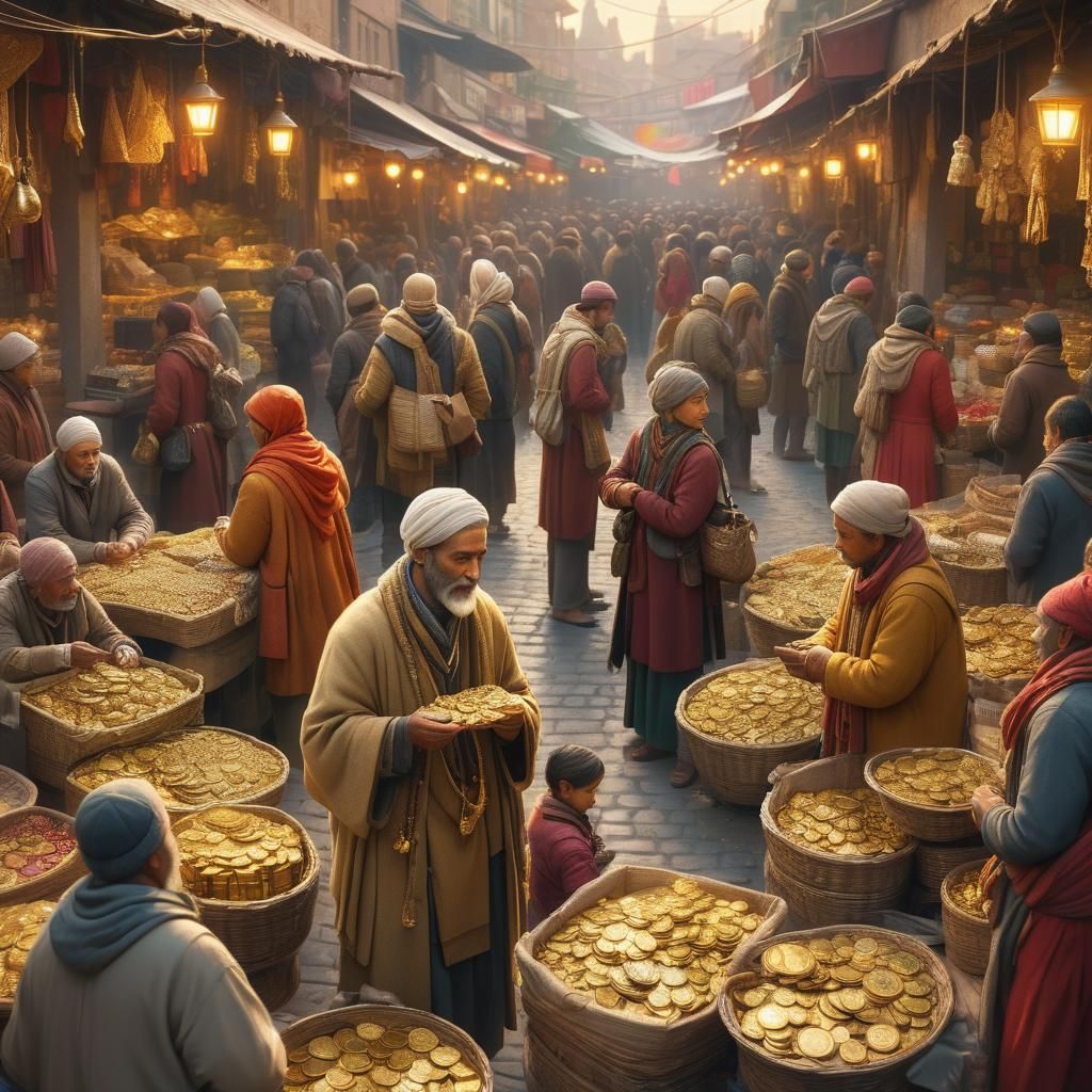 Intricate Marketplace Scene in Warm, Golden Light