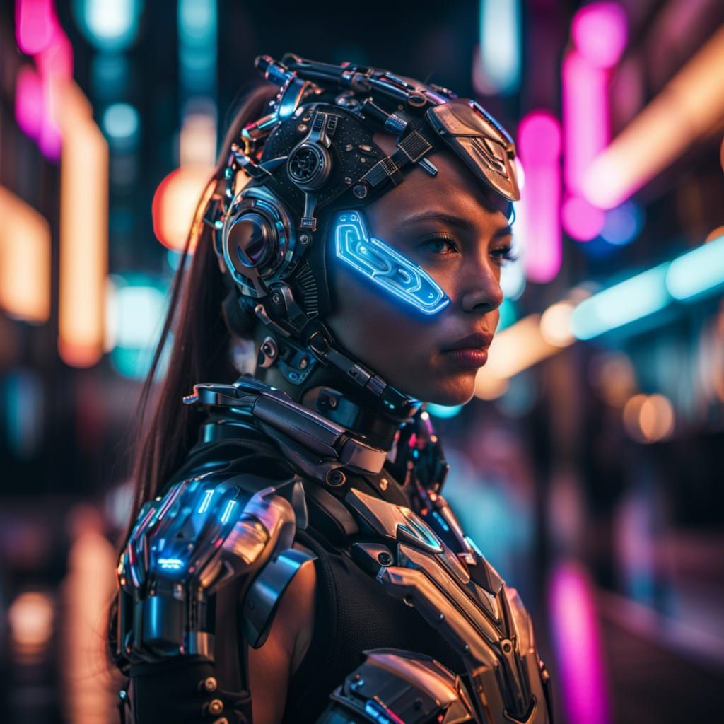 Cyborg Girl in Neon Cityscape at Night