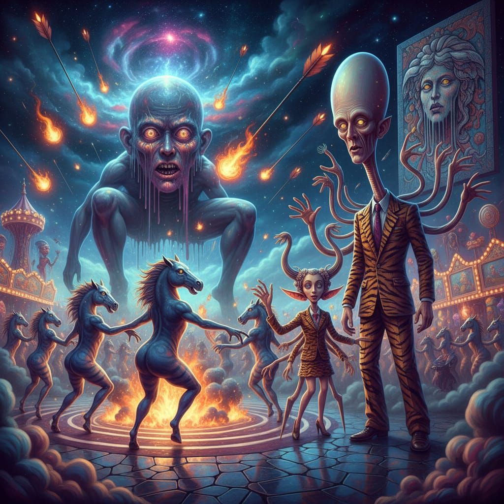 Cosmic Horsemen Dance Amidst Fiery Arrows and Medusa Mosaic