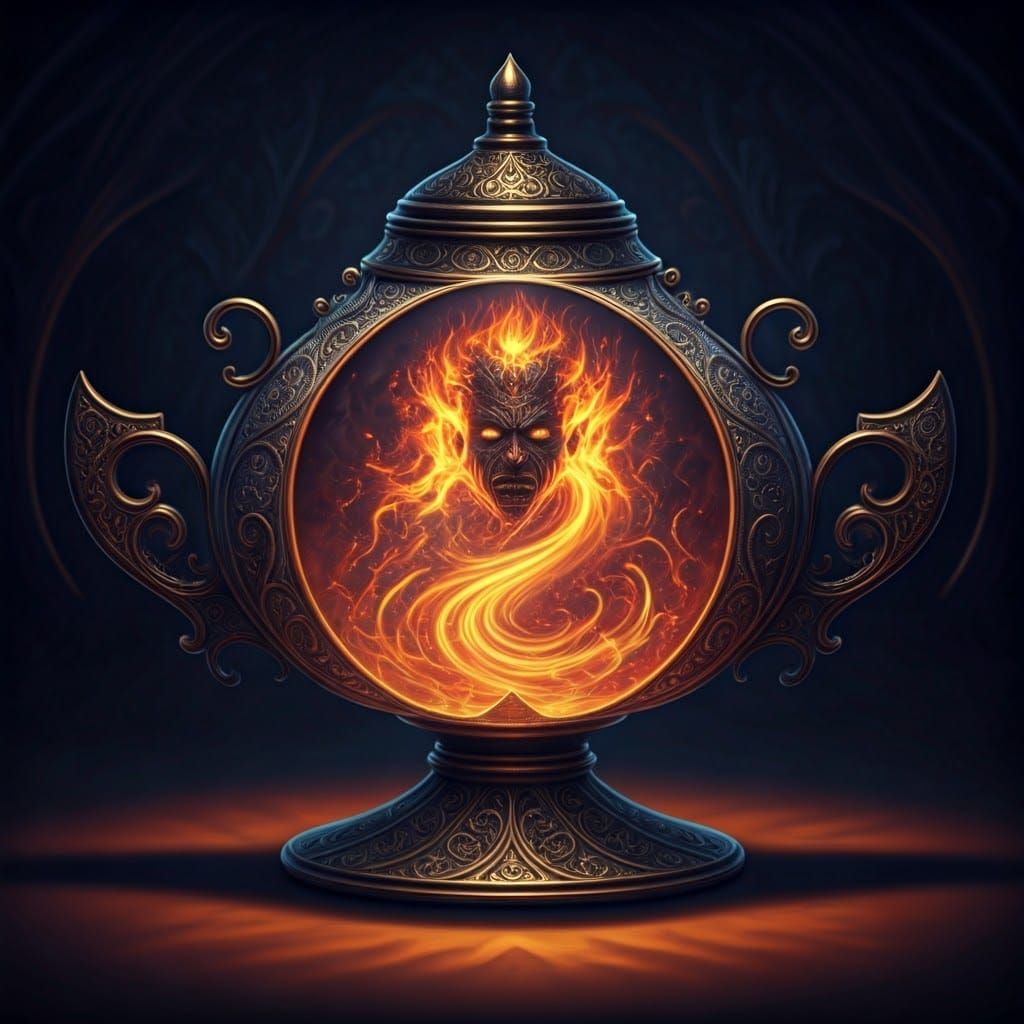 Ornate Lamp Containing a Fiery Genie, in Surreal Style