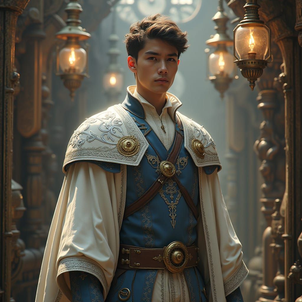 Steampunk inspired young cleric man wearing  long white shiny silver robes with blue and silver battle vest