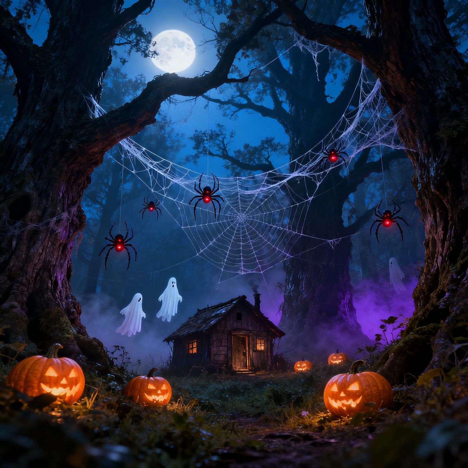 Haunted Forest Hut Under Moonlit Sky