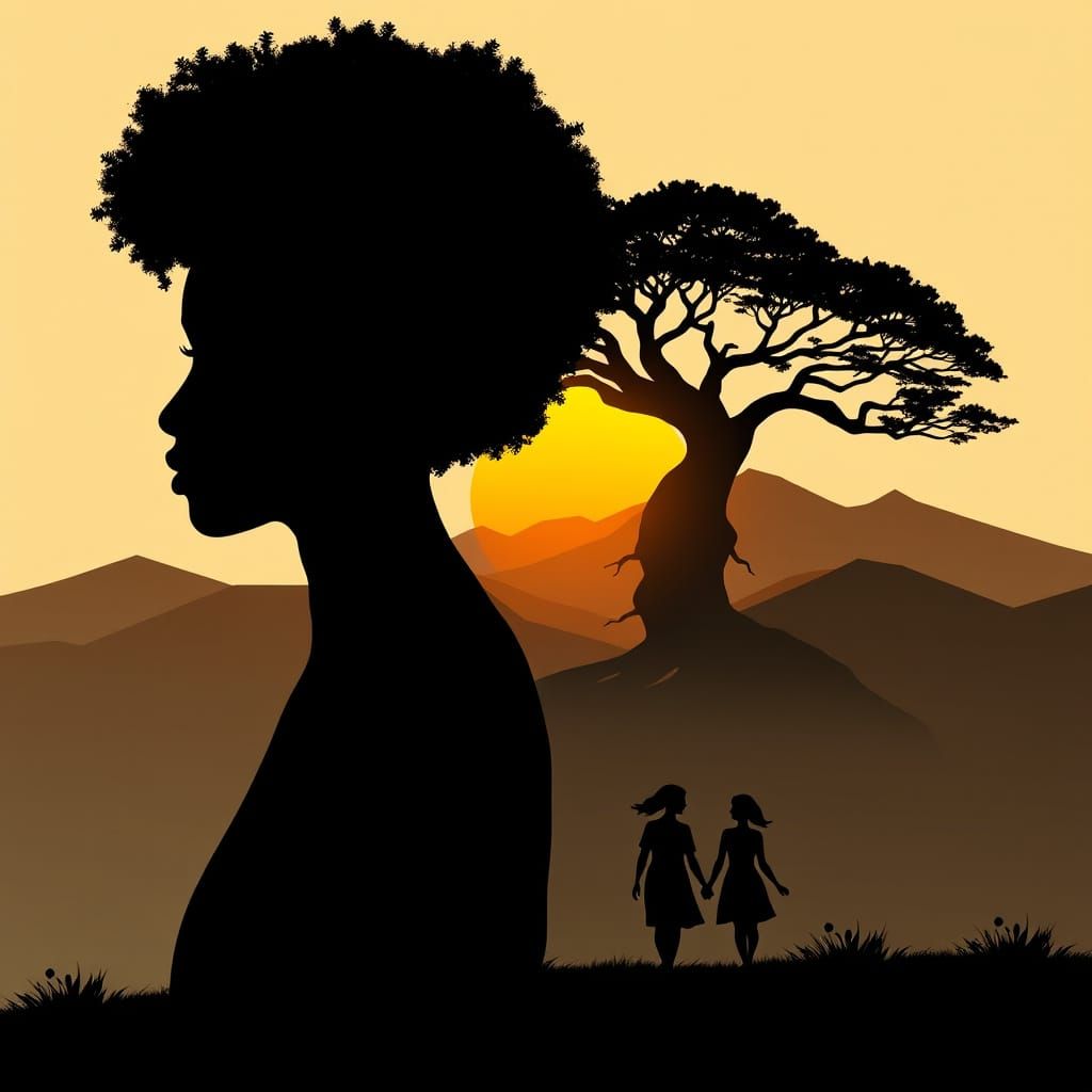Woman's Afro Silhouette with Family and Tree of Life