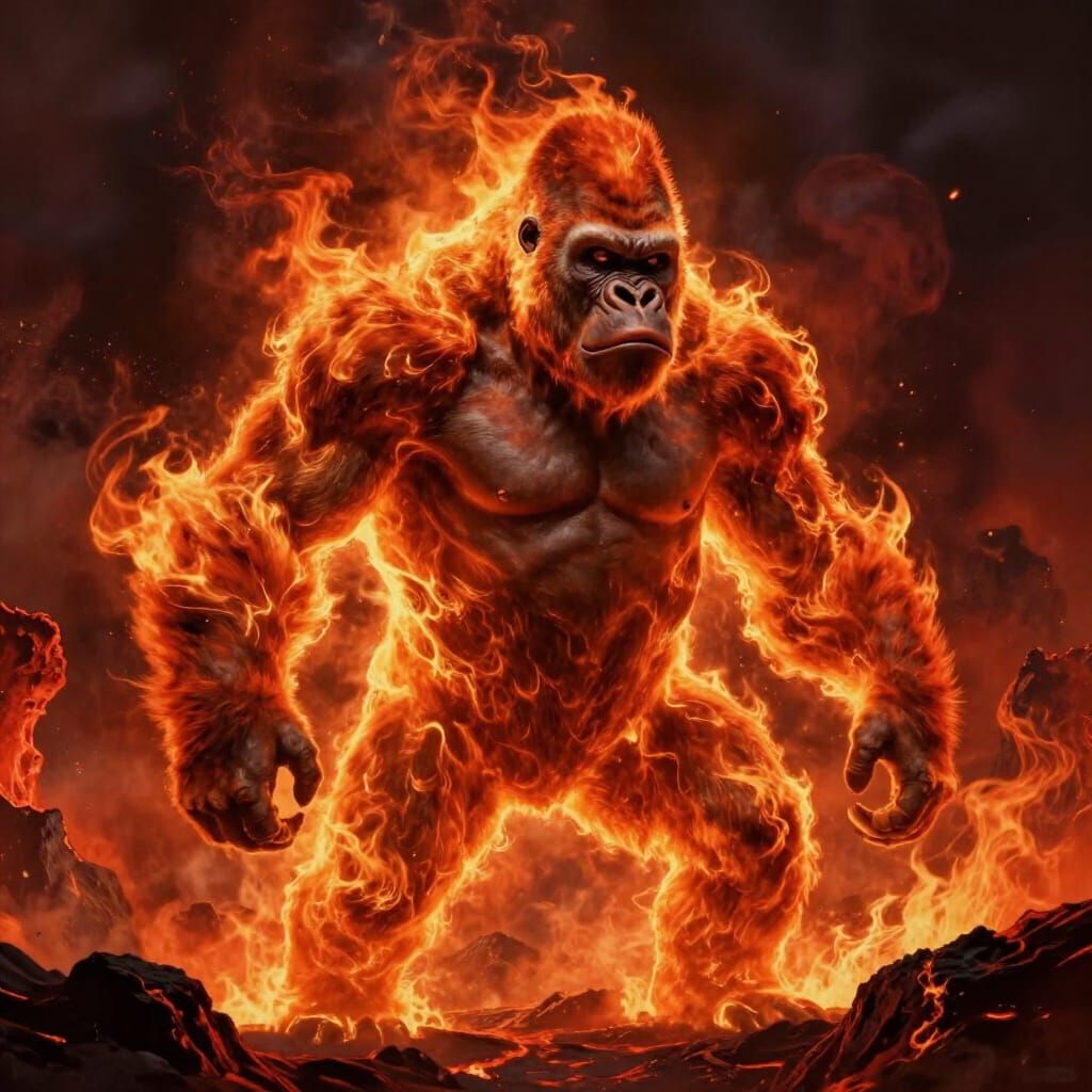Colossal Fiery Gorilla in Volcanic Epic Fantasy Art