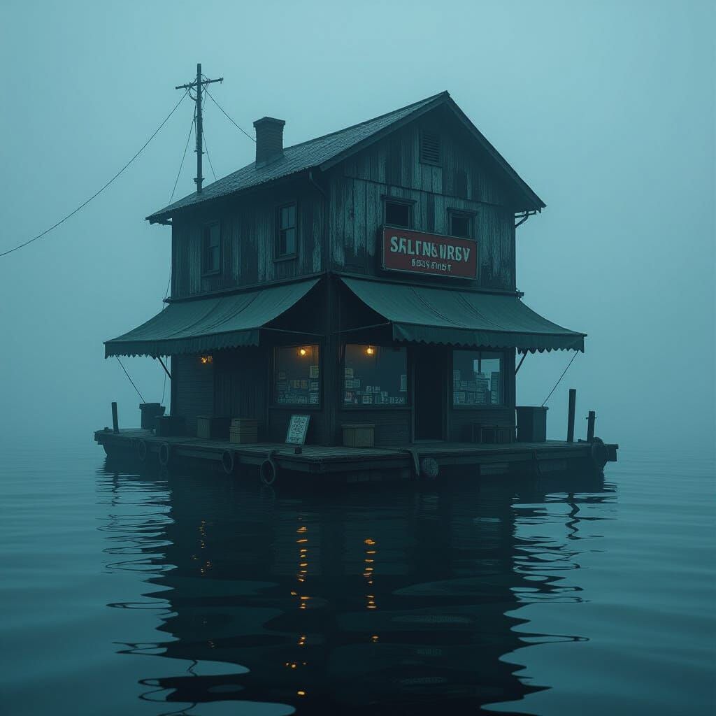 Eerie Floating Shop on Dark Sea in Digital Painting Style