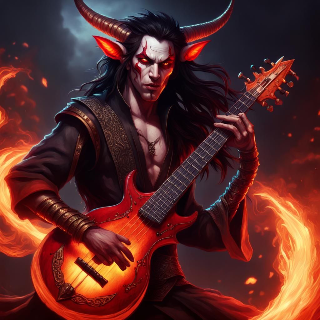 Epic Tiefling Bard Rockstar in Fiery Concert Pose