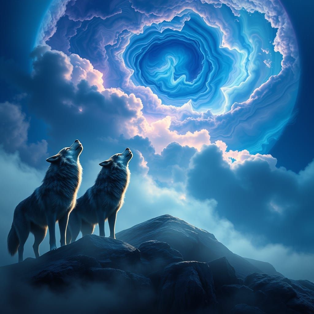 Regal Wolf Pack Gaze Up at Celestial Canvas in Dreamlike Fan...