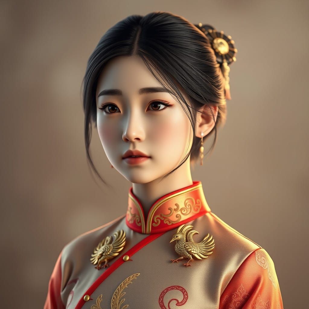 Hyper-Realistic Chinese Girl with Golden Accents in Art Nouv...