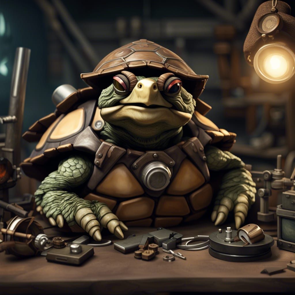 Dark Fantasy Artificer Tortle Tinkerer at Work in Workshop