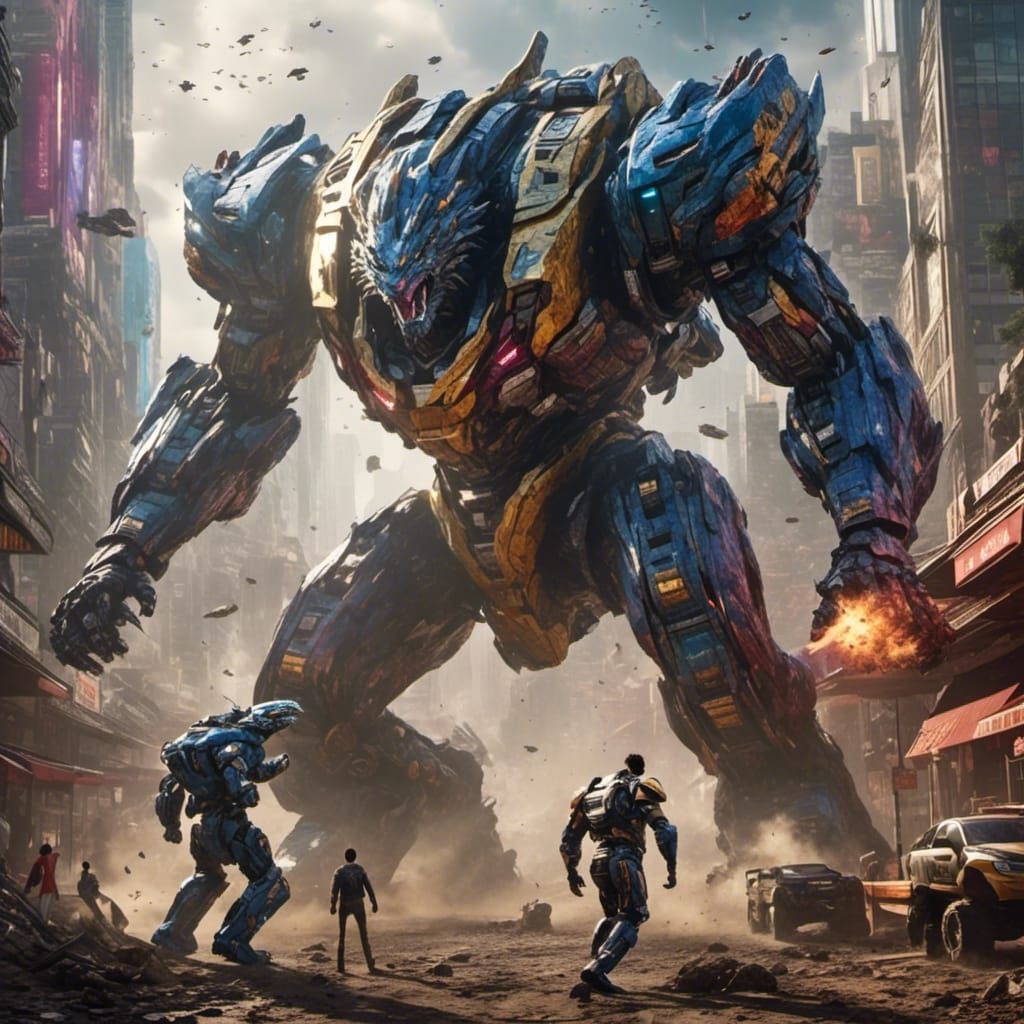 Cyberpunk Jaeger Battles Ancient Monster