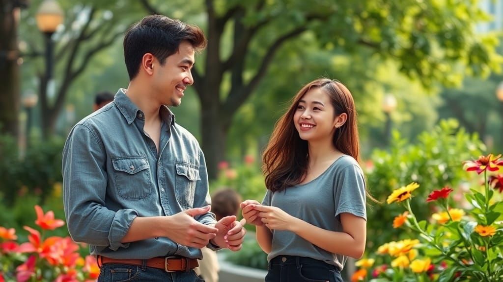 Serene City Park Encounter in Whimsical Style