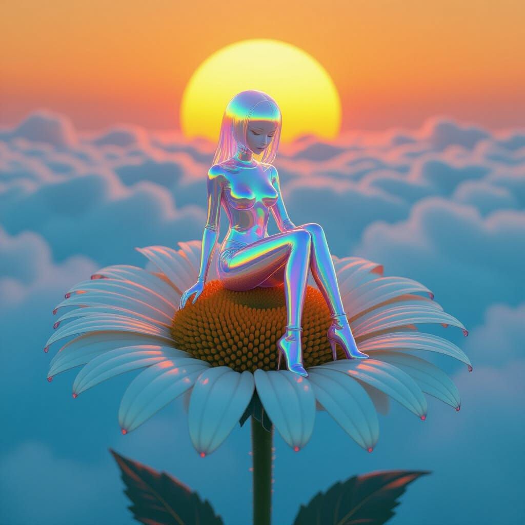 Holographic Girl on Daisy in Dreamy Landscape