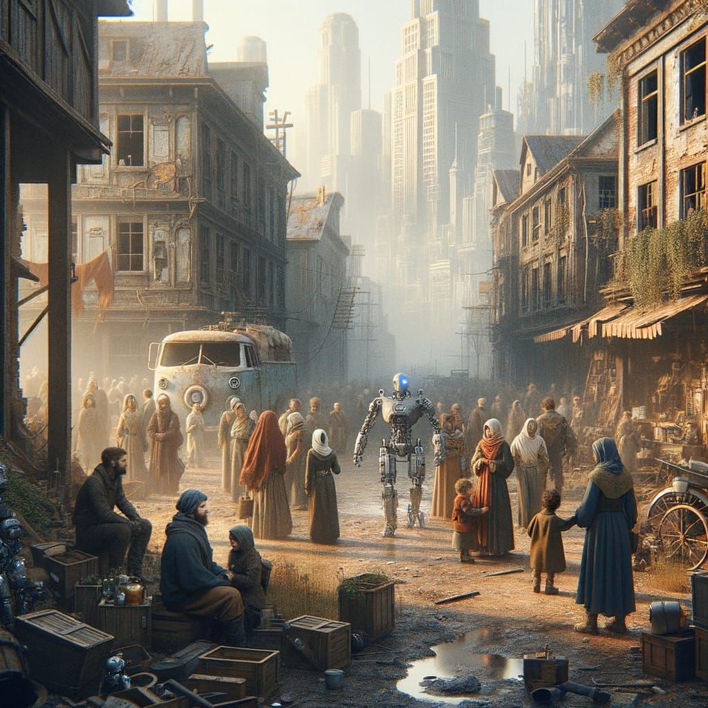 Post-Apocalyptic Harmony: Humans and Robots Coexist in Medie...