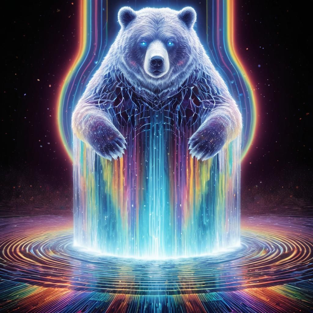 Surreal Holographic Bear Erupts from Radiant Waterfall in Ps...