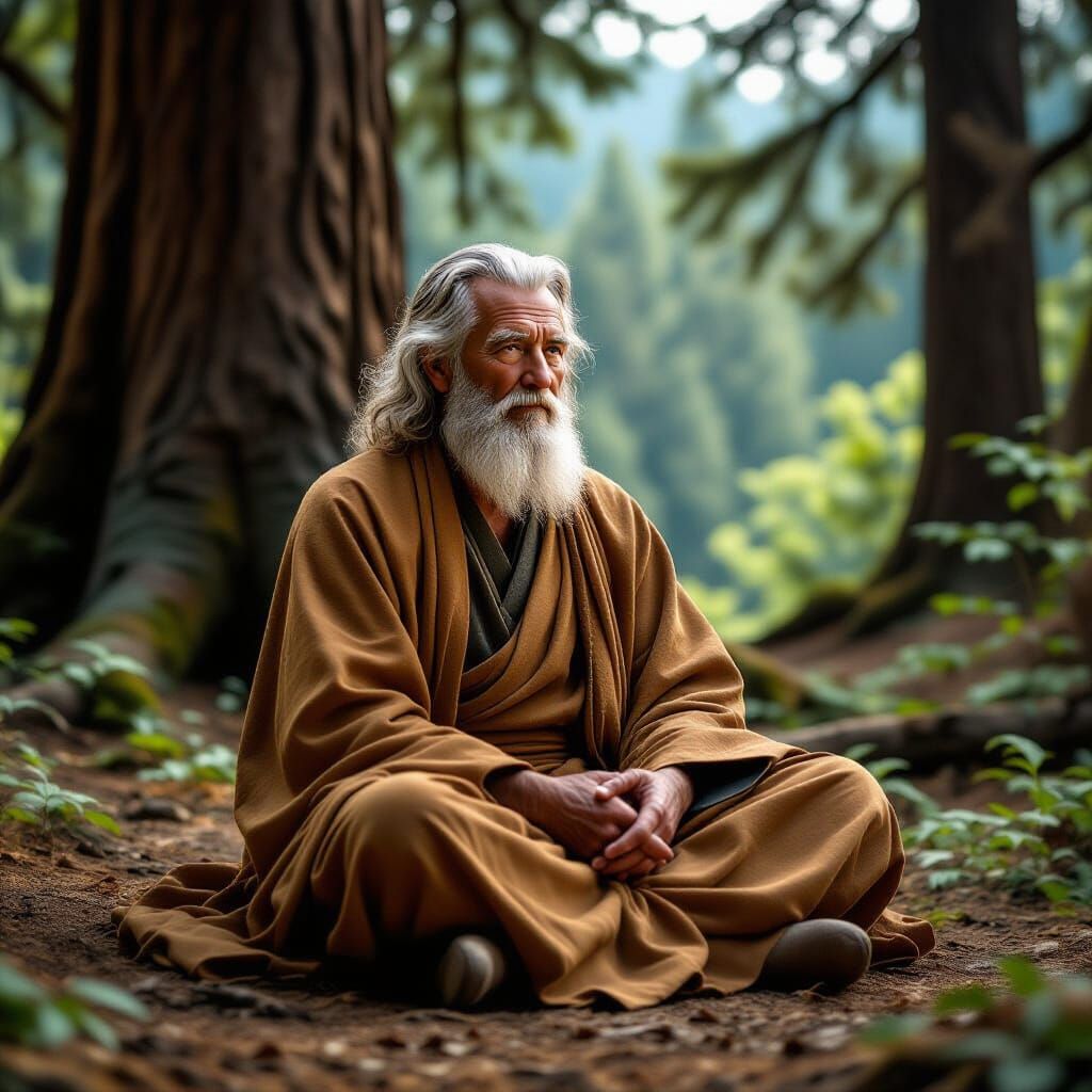 Wise Elder Listening to Earth, Hyper-Realistic Photography