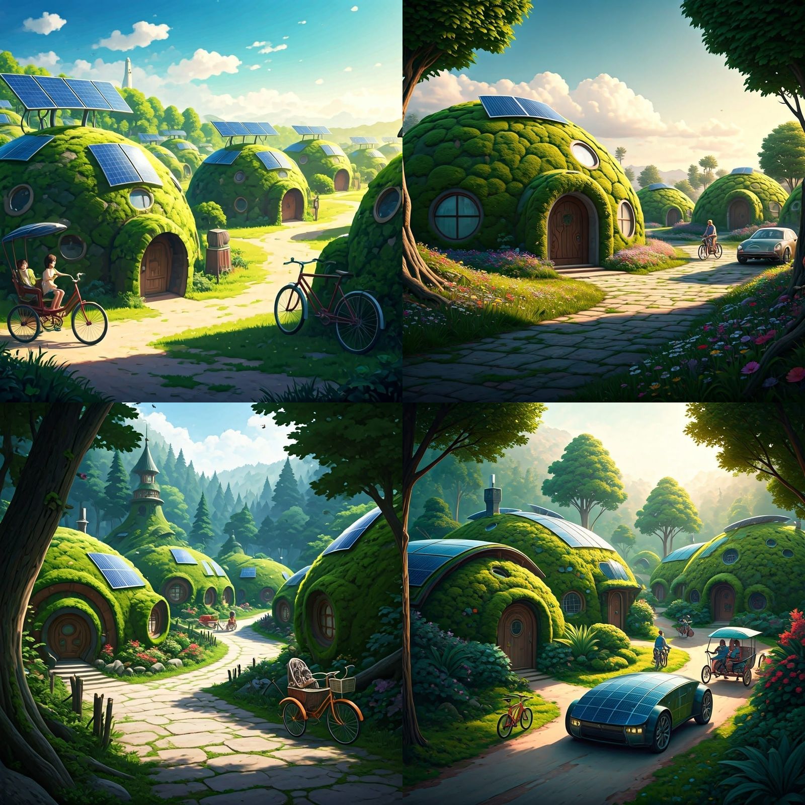 Village of Green Igloo Homes with Solar Panels and Vibrant C...