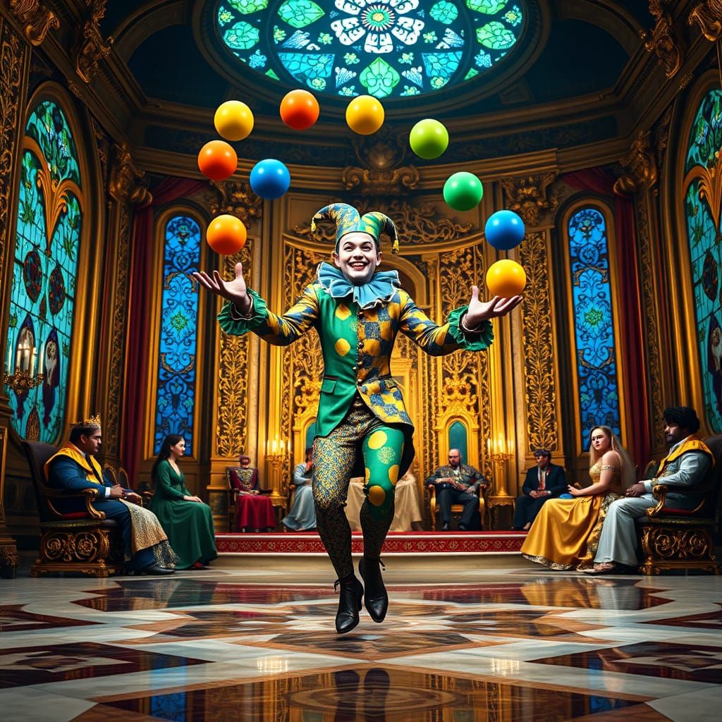 Jester Dazzles Royalty with Multicolored Ball Juggling in Op...
