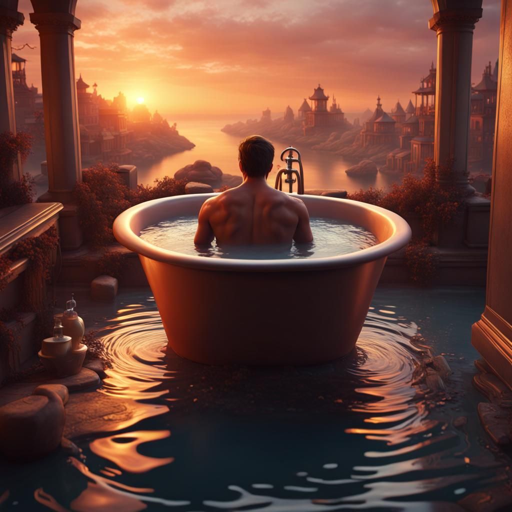 Charming Gentleman Soaks in a Golden Sunset Bathtub Scene