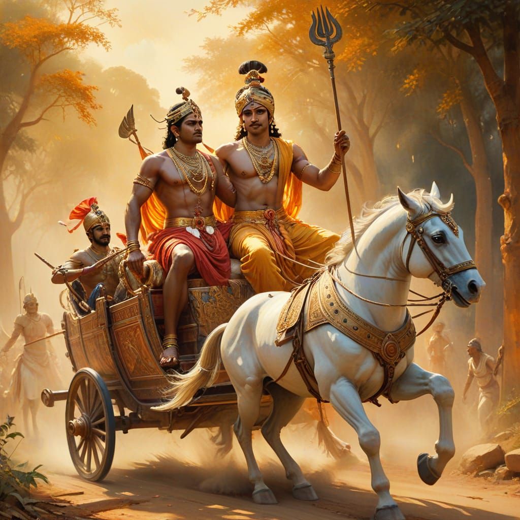 Arjuna and Krishna: A Divine Scene in Watercolor