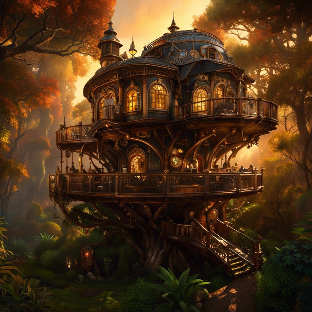 Steampunk Treehouse Amidst a Forest in Golden Hour