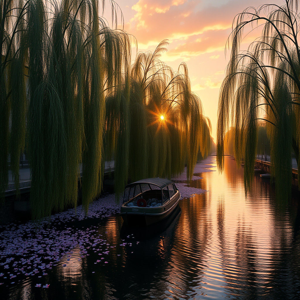 Parisian Riverbank at Sunrise with Majestic Willow Trees and...
