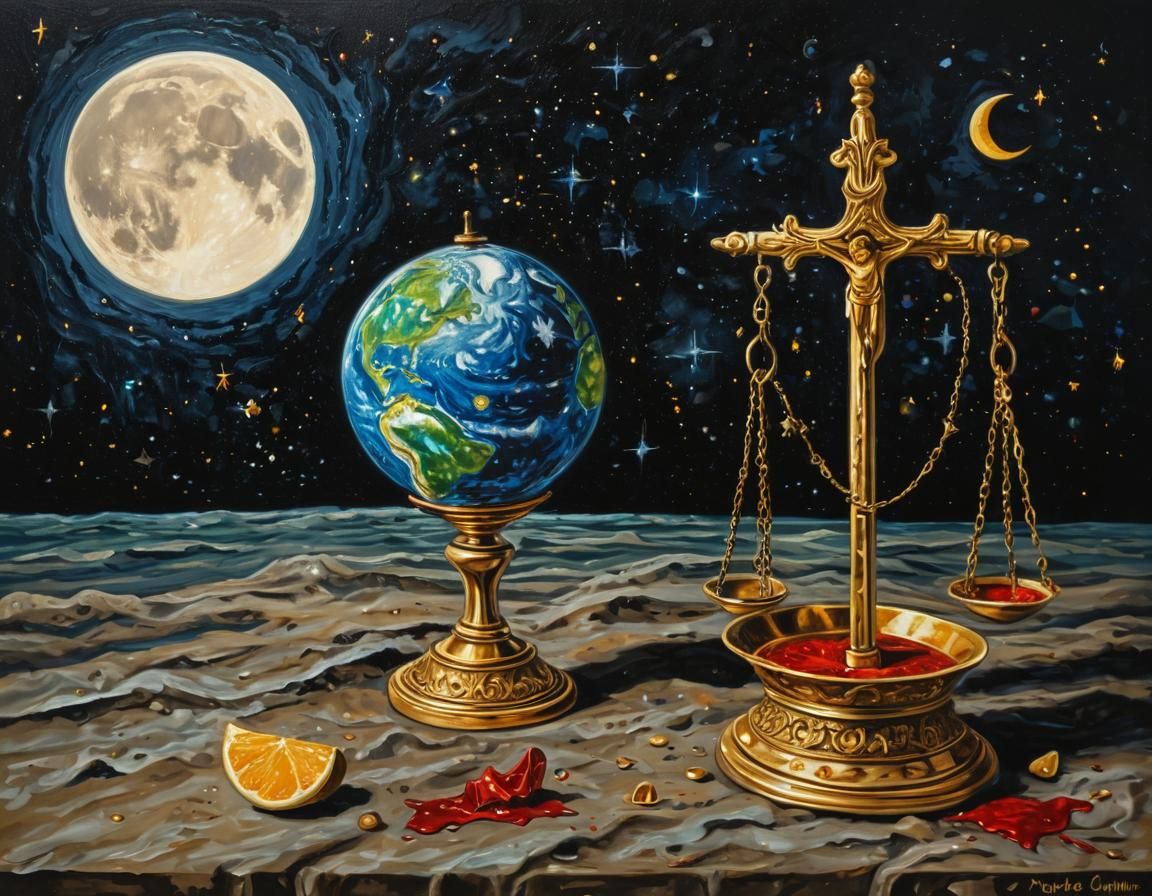 Golden Sanduhr with Realistic Earth and Blood, Under a Neo-I...