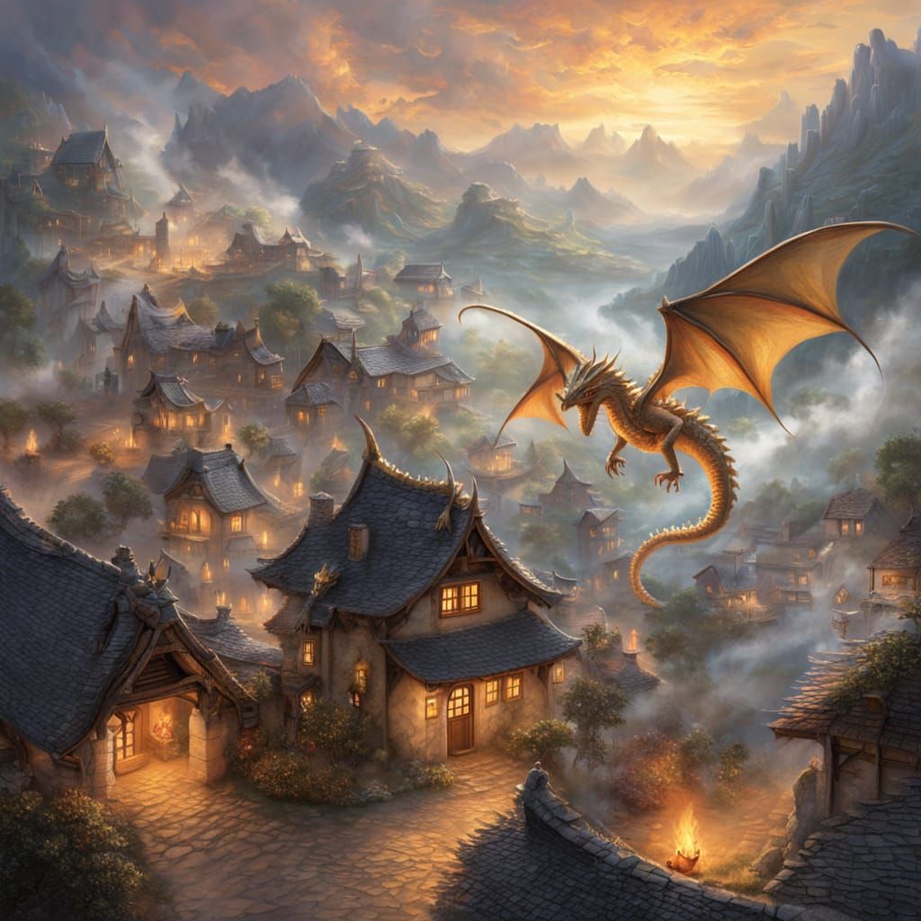 Fantasy Village Protected by Dragons in Dreamy Mist