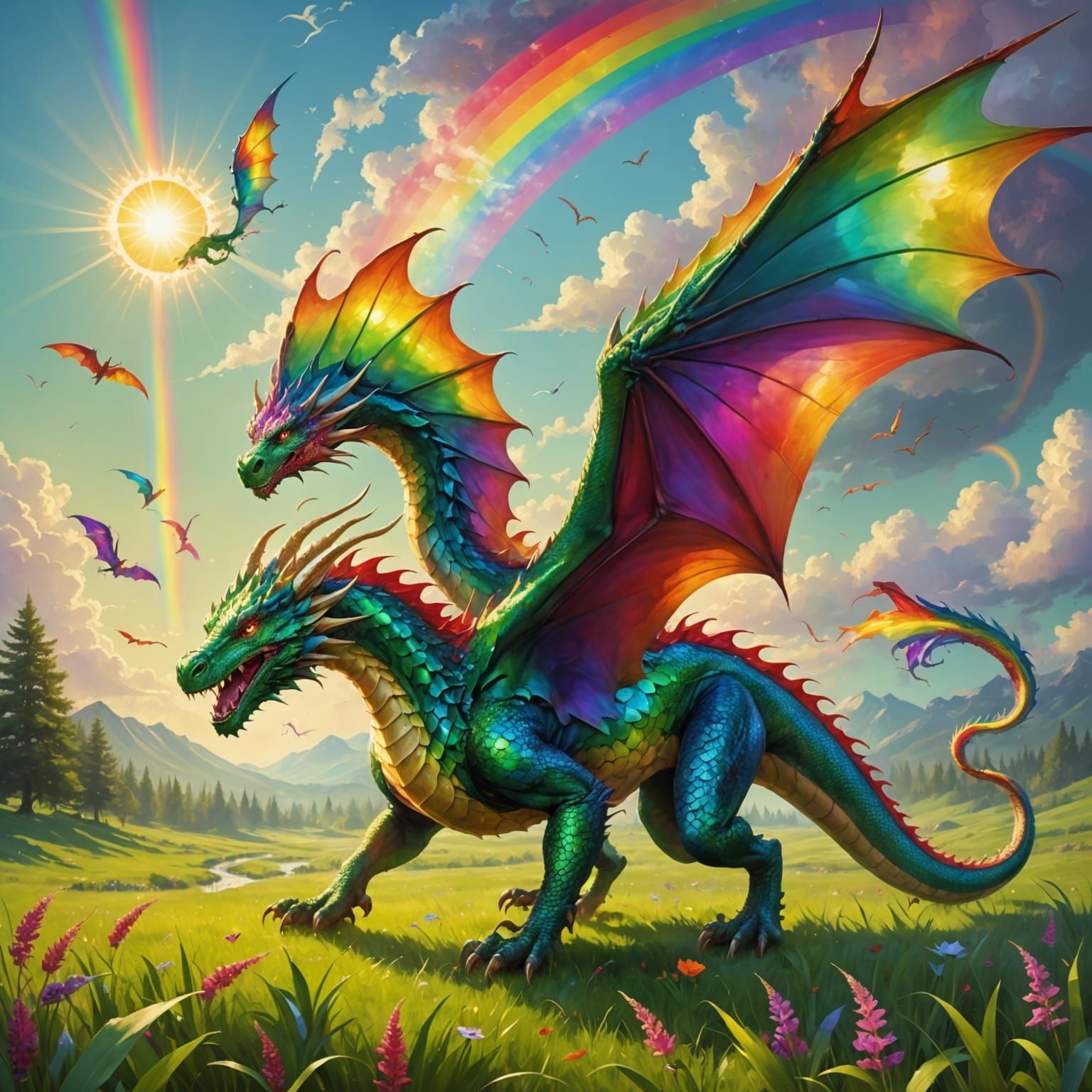 Breathtaking Green Dragon Soars Under Vibrant Rainbow