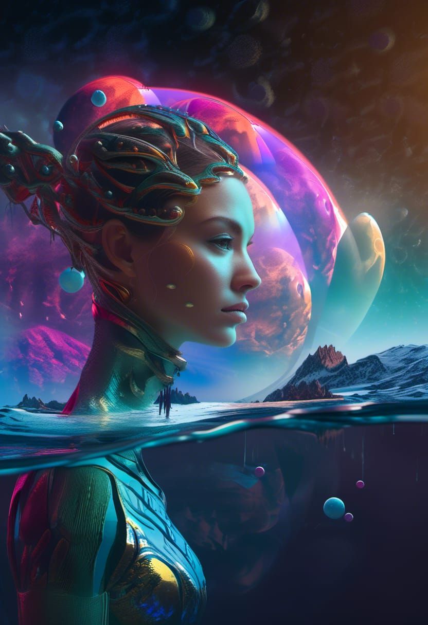 Woman in Dark Fantasy Alien Landscape with Vibrant Moons
