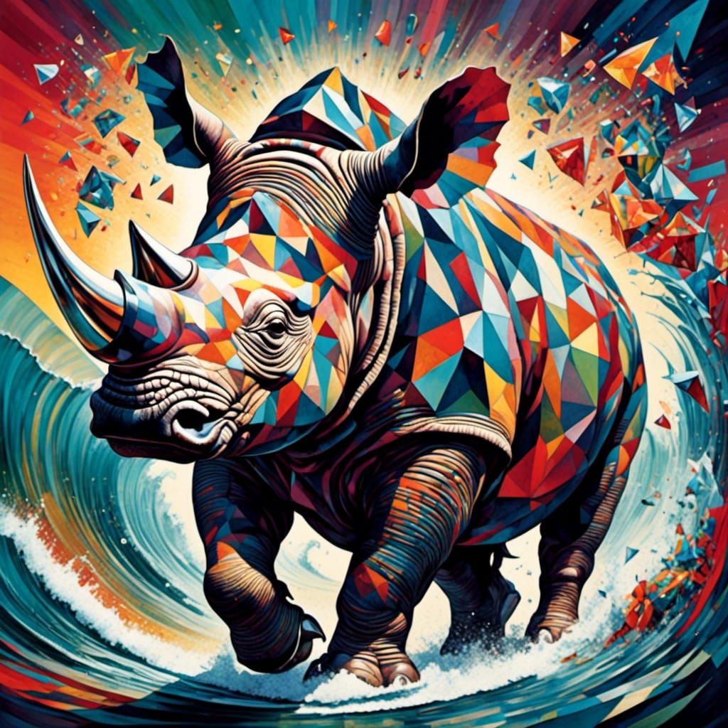 Surreal Crystal Cubist Rhino Rides the Waves