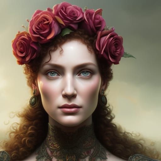 Red-Headed Goddess Portrait with Roses and Dramatic Lighting