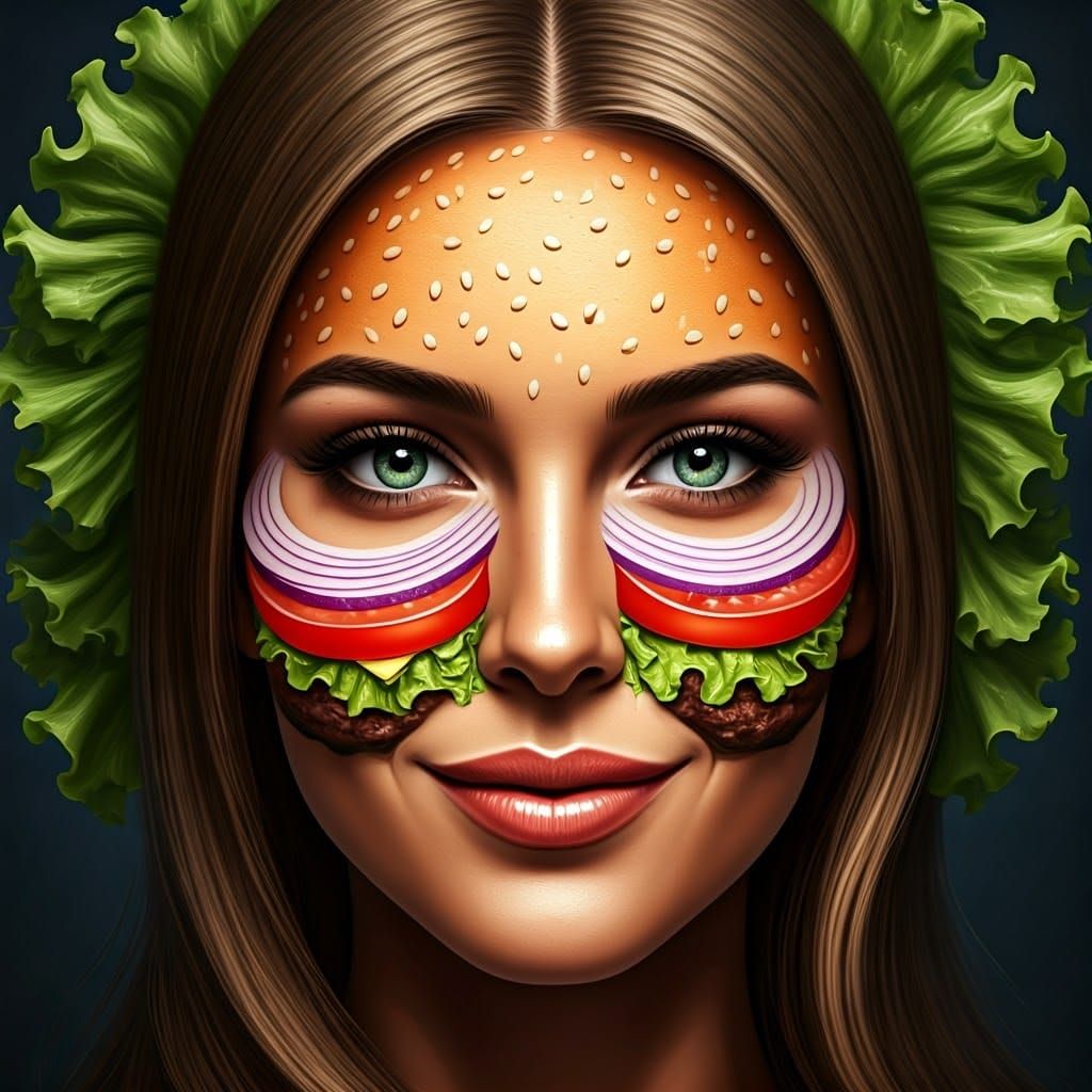 Beautiful Woman with Hamburger Face Art in Vibrant Colors