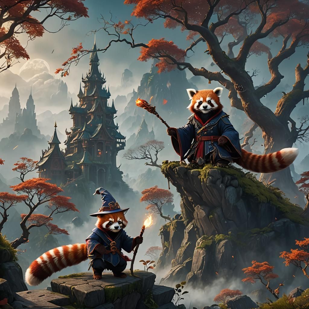 Fantastical Red Panda Wizard in Deep, Dreamy Fog