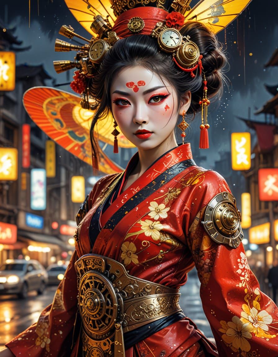 Steampunk Oiran In Red Dress Driving Plane Night City