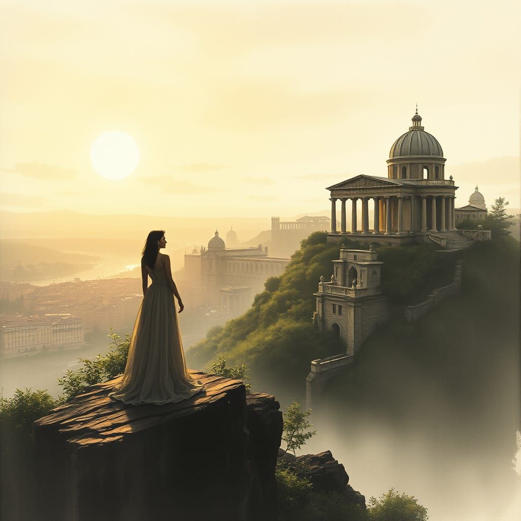 Ethereal Woman Overlooks Ancient Rome at Dawn in Inkwash Sty...
