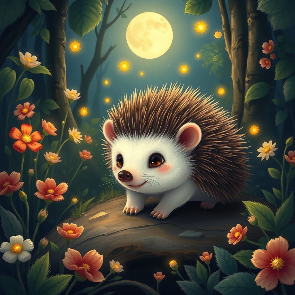 Whimsical Hedgehog in Moonlit Forest
