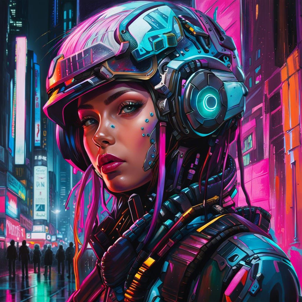 Cyborg Girl in Neon City Night