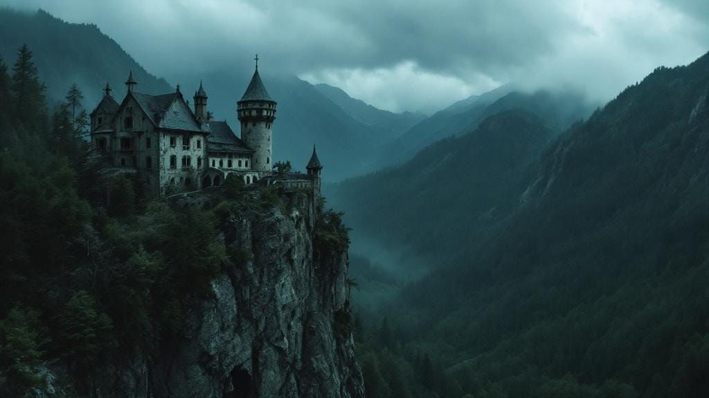 Decaying Castle on Cliffside Before Impending Storm