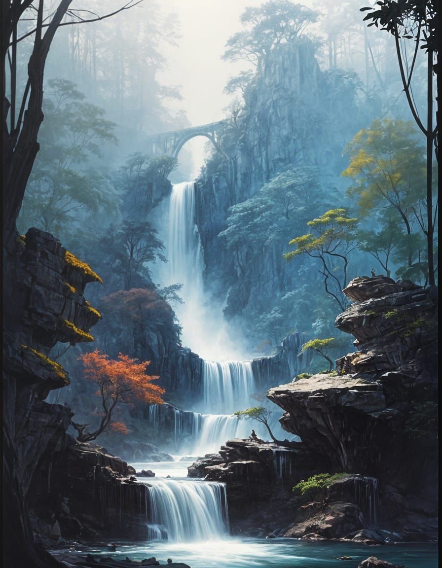 Fantastical Waterfall in Deep, Rich Colors