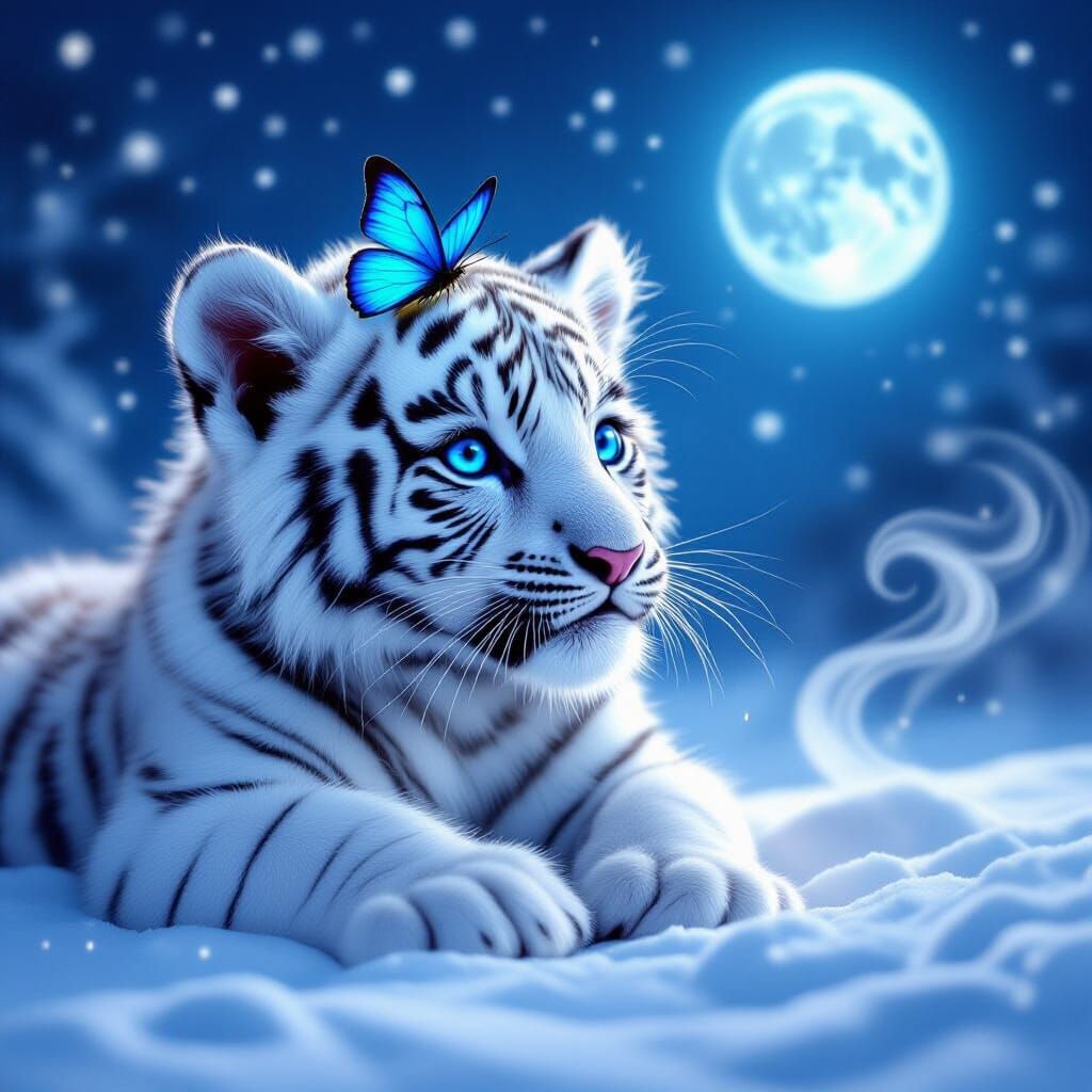 Adorable White Tiger Cub Under Glowing Blue Moon