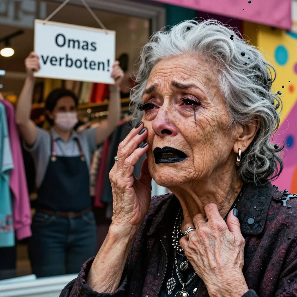Crying Elderly Woman with Black Lips and Freckles