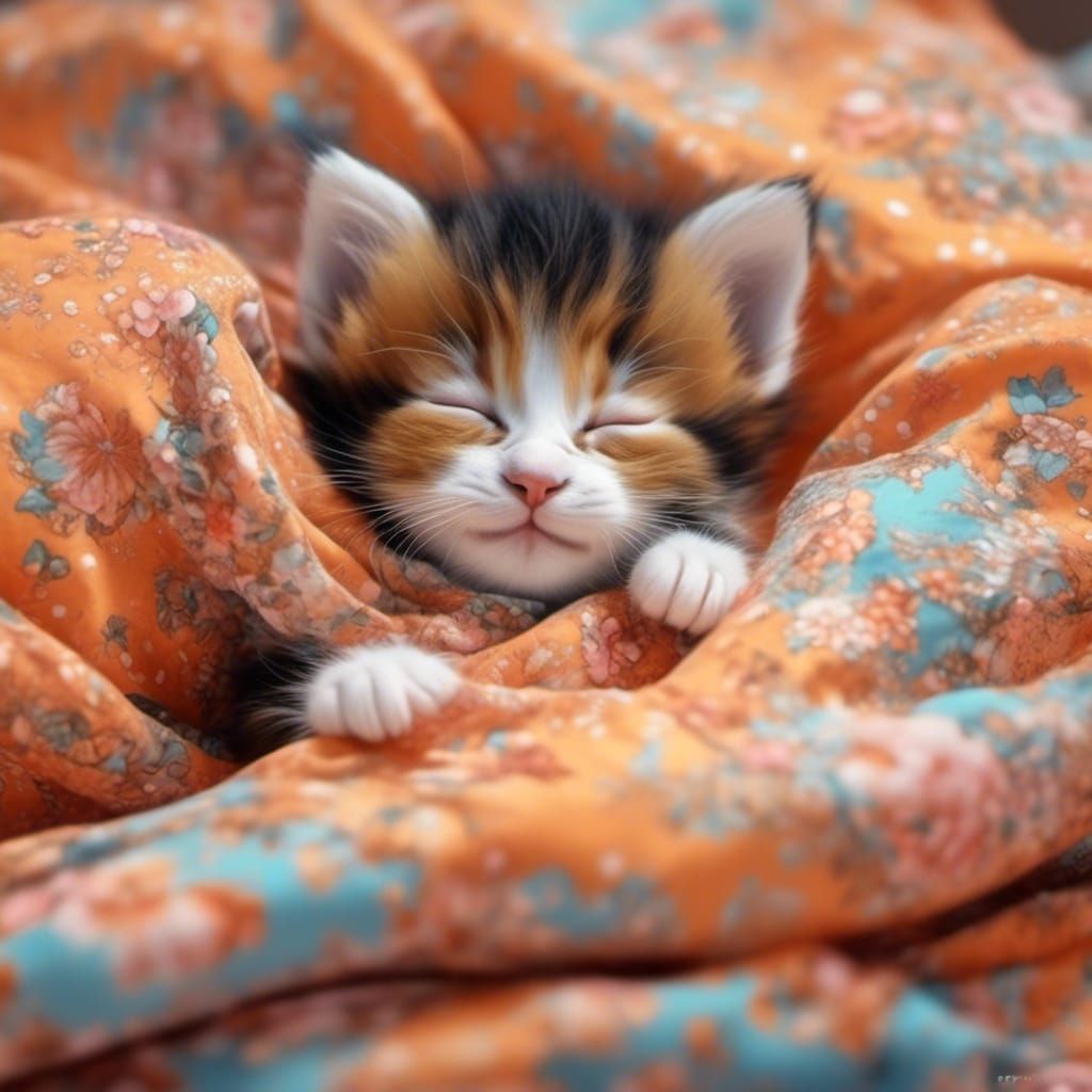 Colorful Nursery Scene with Sleeping Orange Kitten