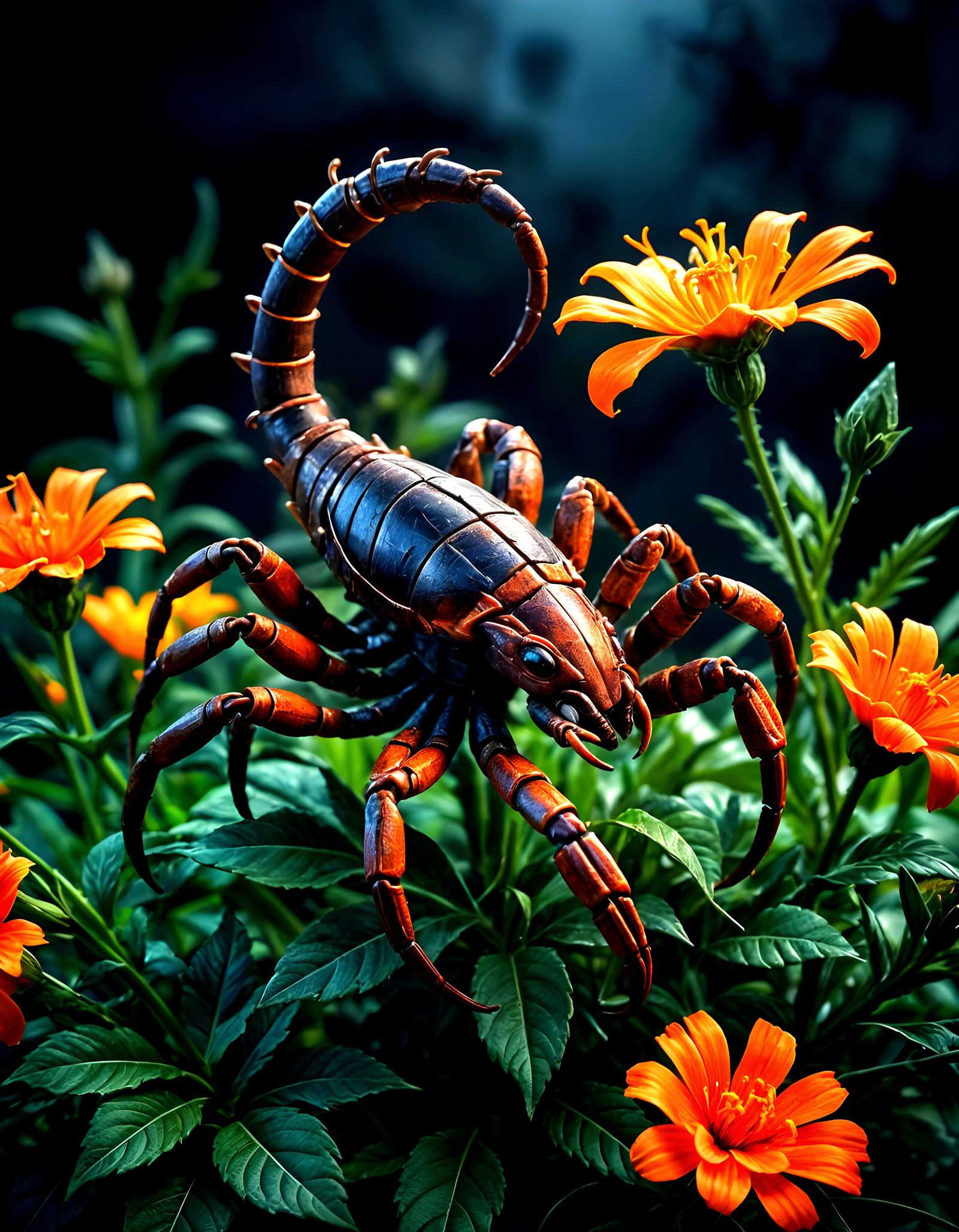 Iron Scorpion on a Flower in Hyperrealistic HDR